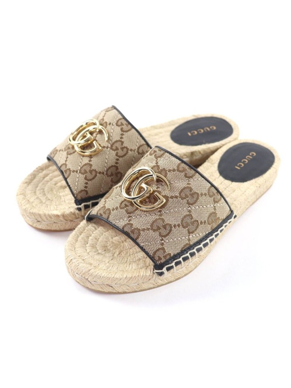 Gucci GG Canvas Marmont Espadrille Sandals Beige Gold 35 - Picture 1 of 13